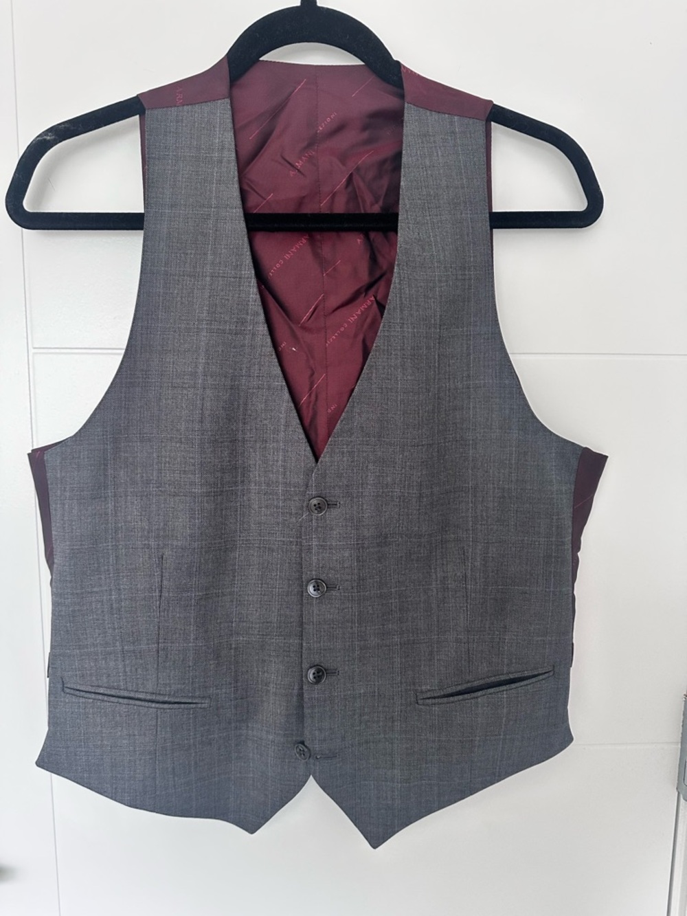 Armani Collezioni Gray Wool Vest with Burgundy Lining